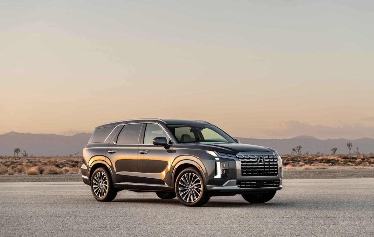 Hyundai Palisade three-row SUV parked on a desert road at dusk