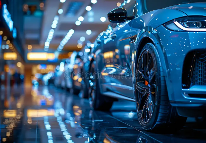 Row of new electric vehicles parked in a dealership showroom