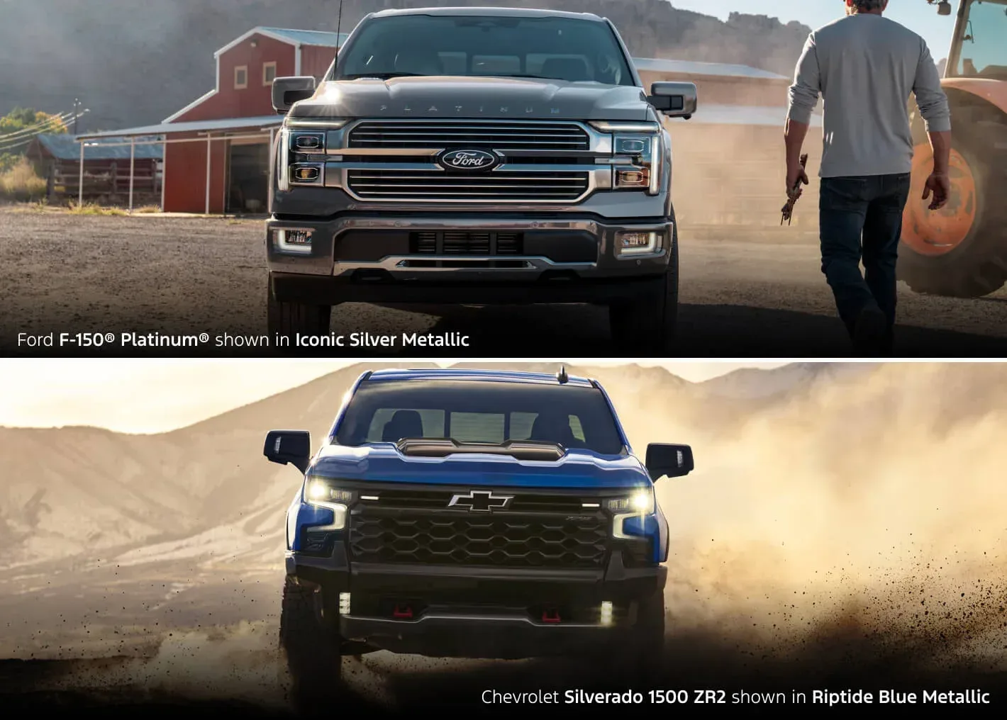2026 Ford F-150 and Chevrolet Silverado 1500 parked side by side