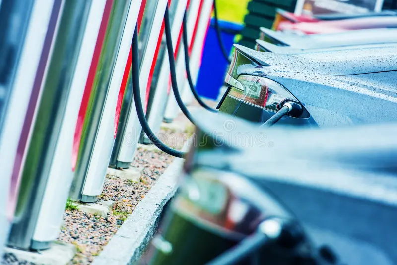 Two electric vehicles charging at a public DC fast charging station