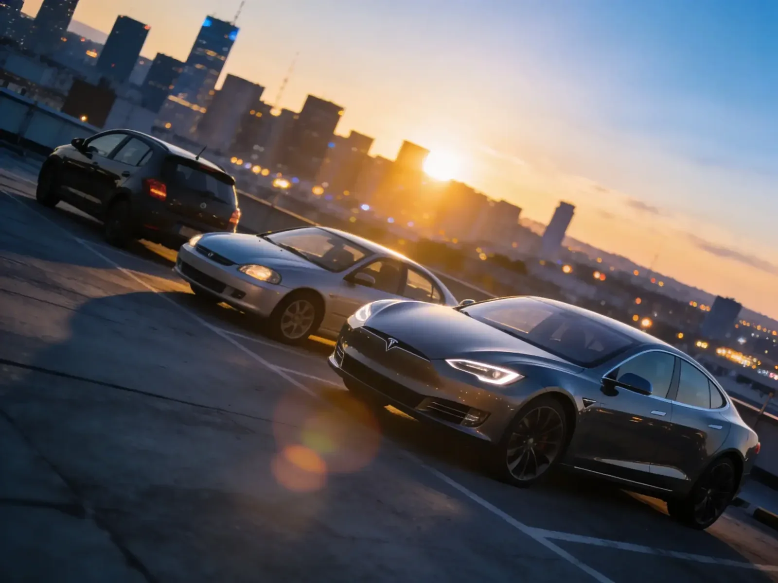 Rows of new sedans and hatchbacks at a US car dealership