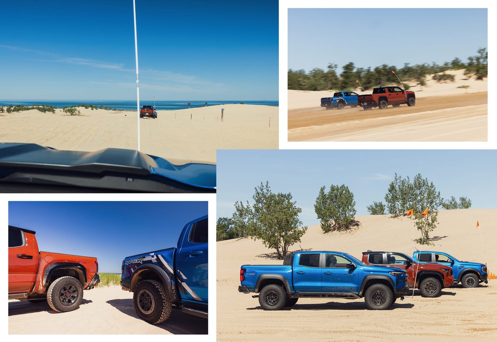 Toyota Tacoma and Ford Ranger mid-size trucks parked side by side on a dirt road