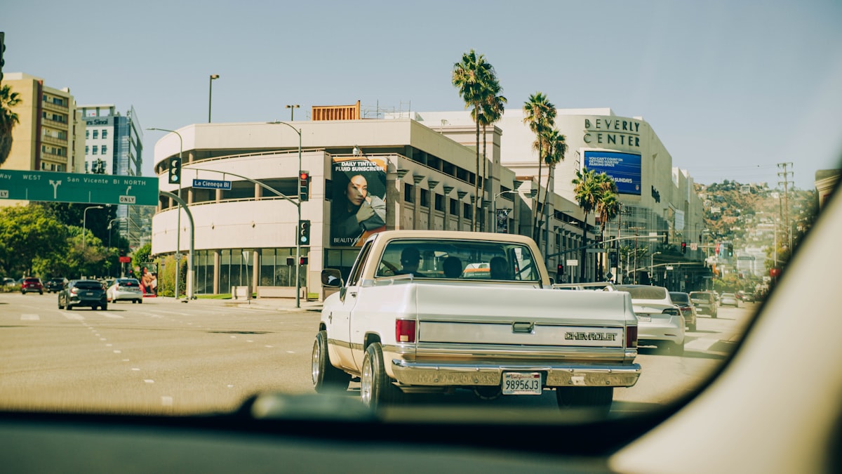 A pickup truck on a city street